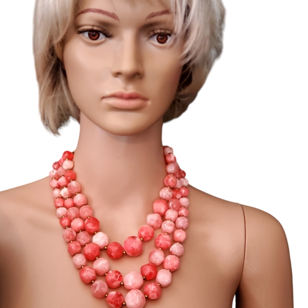 Kramer Pink Lucite Necklace Triple Strand Mid Century Abstract Swirl